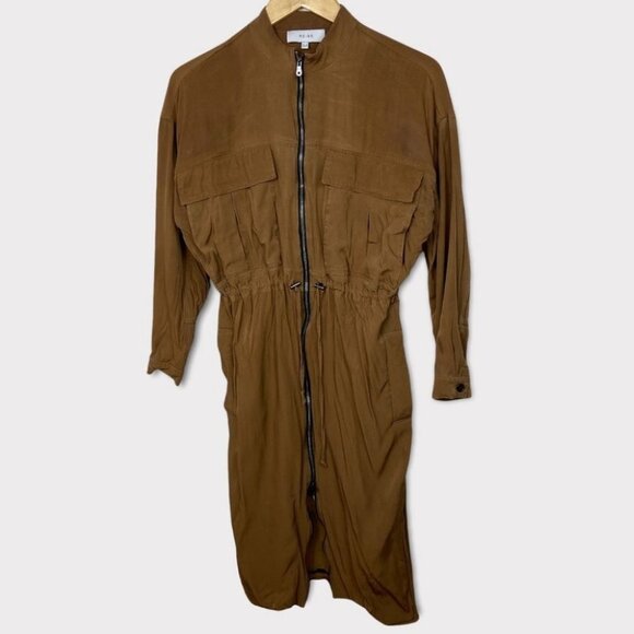 Reiss Zipper Shirt Dress Brown Long Sleeve Sylvie Size 4 Midi Brown Utility Boho - Picture 2 of 14